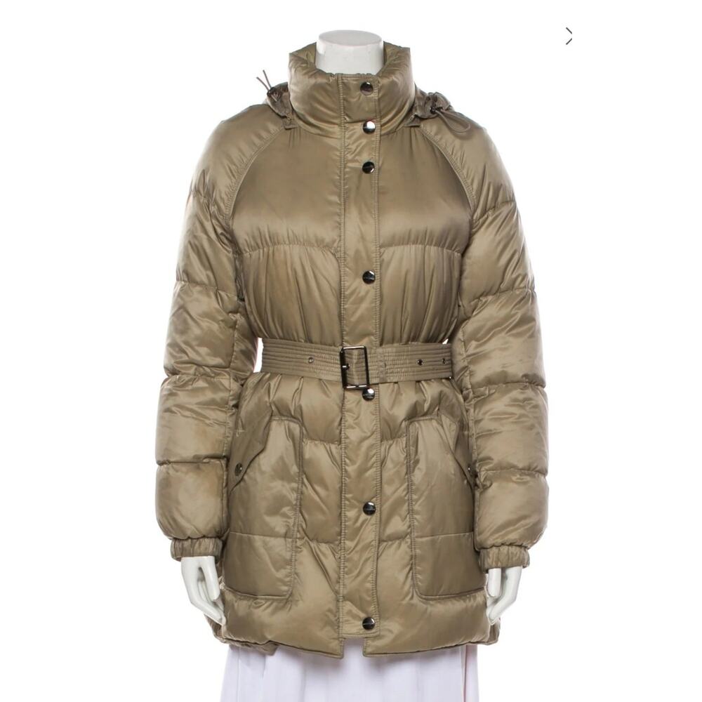 Burberry Brit Belted Down Puffer Coat Beige Nova Check Hooded Jacket Size M